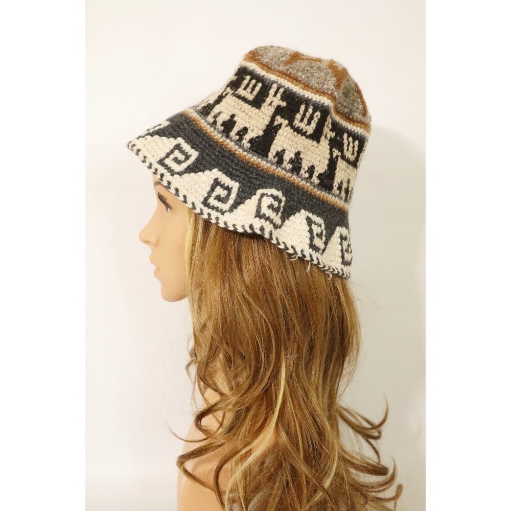 Bucket Hat Peruvian Crochet Roll-Up Hat‎ Thick Knit Alpaca & Sheep Wool Small